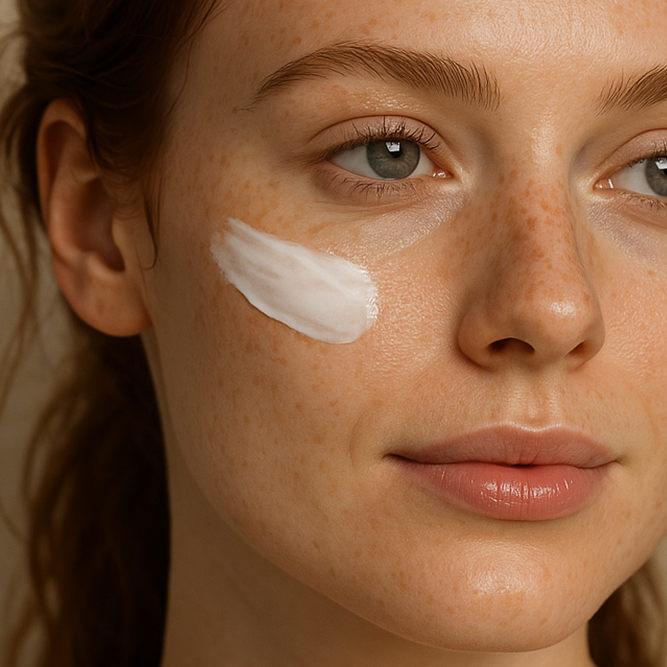 Gesicht einer natürlichen Frau mit Sól Sonnengöttin Tagescreme SPF30 im Gesicht